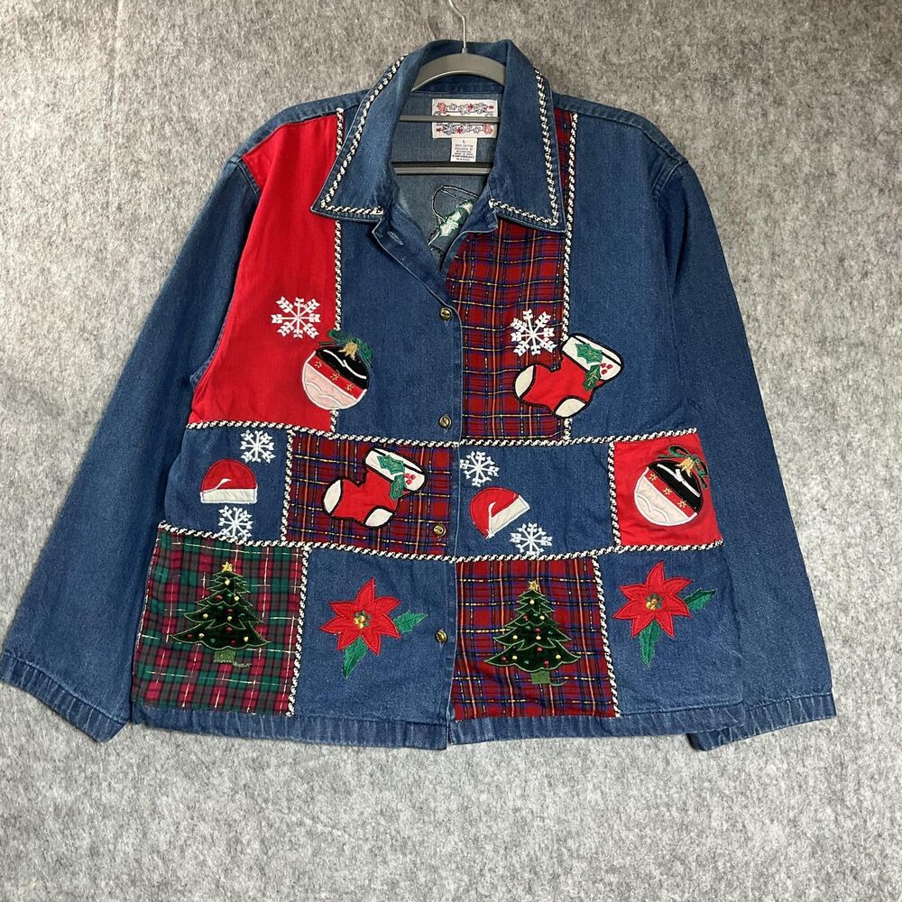 Tantrums Christmas Jacket Womens Large Blue Patchwork Denim Holiday Teacher *